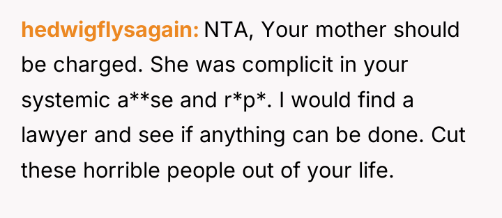 hedwigflysagain NTA, Your mother should be charged. She was complicit...