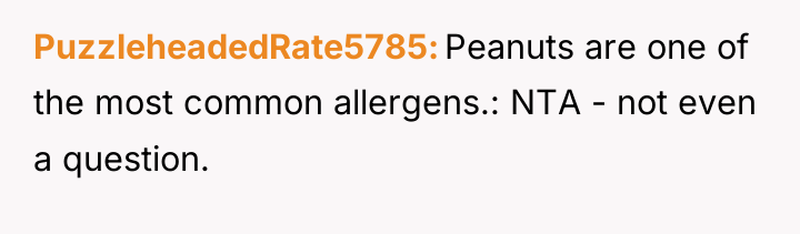 PuzzleheadedRate5785 Peanuts are one of the most common allergens.: NTA...