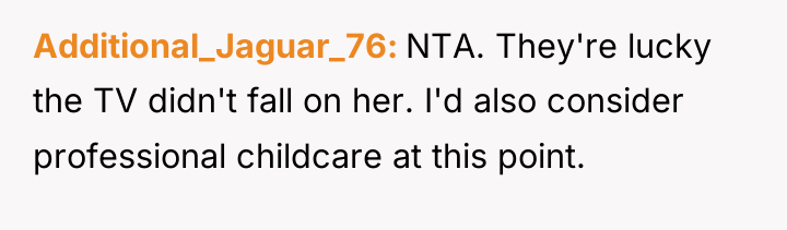 Additional_Jaguar_76 NTA. They're lucky the TV didn't fall on her....