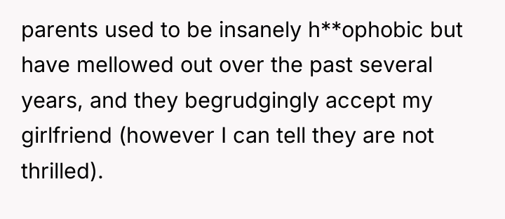 parents used to be insanely h**ophobic but have mellowed out...