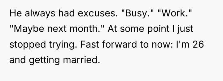 He always had excuses. "Busy." "Work." "Maybe next month." At...