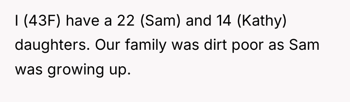 I (43F) have a 22 (Sam) and 14 (Kathy) daughters....