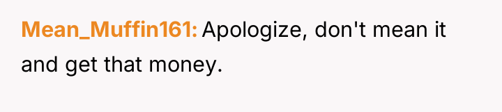 Mean_Muffin161 Apologize, don't mean it and get that money.