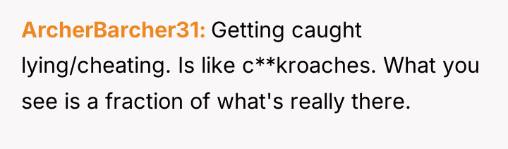 ArcherBarcher31 Getting caught lying/cheating. Is like c**kroaches. What you see...