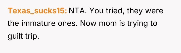 Texas_sucks15 NTA. You tried, they were the immature ones. Now...