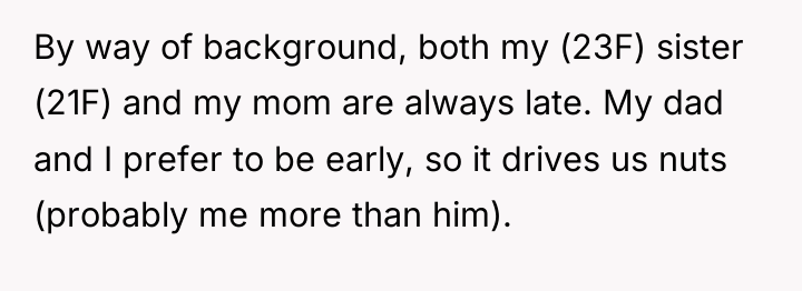 By way of background, both my (23F) sister (21F) and...
