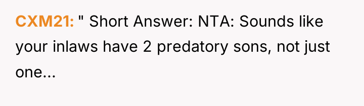 CXM21 " Short Answer: NTA: Sounds like your inlaws have...
