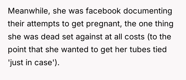Meanwhile, she was facebook documenting their attempts to get pregnant,...