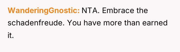 WanderingGnostic NTA. Embrace the schadenfreude. You have more than earned...
