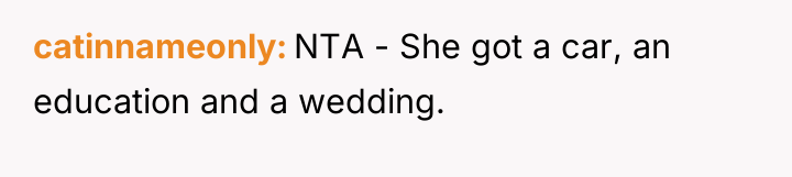 catinnameonly NTA - She got a car, an education and...