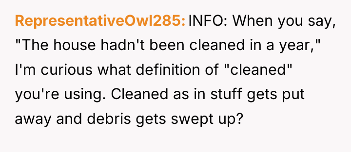 RepresentativeOwl285 INFO: When you say, "The house hadn't been cleaned...