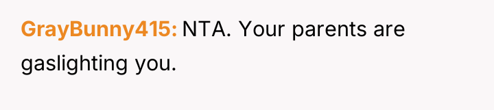 GrayBunny415 NTA. Your parents are gaslighting you.