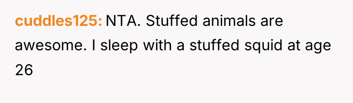 cuddles125 NTA. Stuffed animals are awesome. I sleep with a...