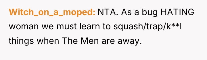 Witch_on_a_moped NTA. As a bug HATING woman we must learn...