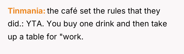 Tinmania the café set the rules that they did.: YTA....
