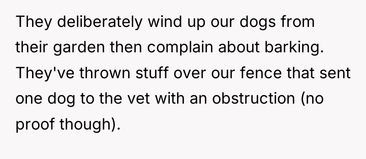 They deliberately wind up our dogs from their garden then...