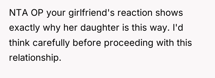 NTA OP your girlfriend's reaction shows exactly why her daughter...