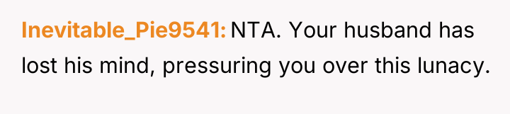 Inevitable_Pie9541 NTA. Your husband has lost his mind, pressuring you...