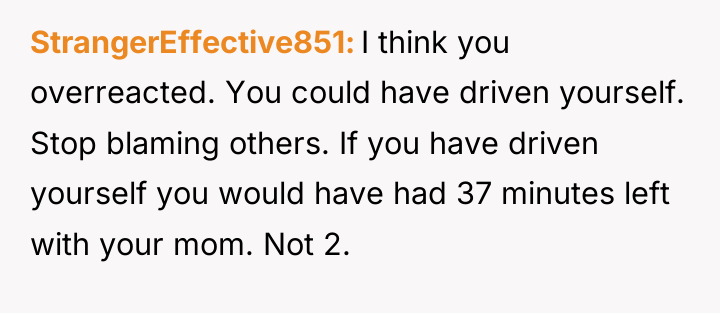 StrangerEffective851 I think you overreacted. You could have driven yourself....
