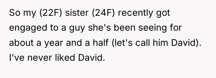 So my (22F) sister (24F) recently got engaged to a...