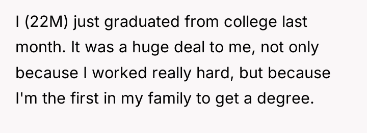 I (22M) just graduated from college last month. It was...