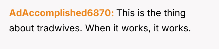 AdAccomplished6870 This is the thing about tradwives. When it works,...