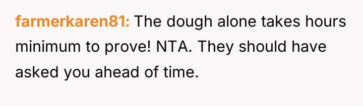 farmerkaren81 The dough alone takes hours minimum to prove! NTA....