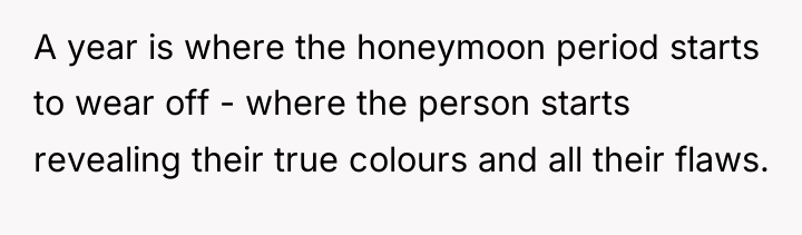A year is where the honeymoon period starts to wear...