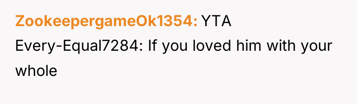 ZookeepergameOk1354 YTA Every-Equal7284: If you loved him with your whole