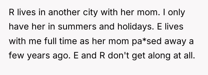 R lives in another city with her mom. I only...