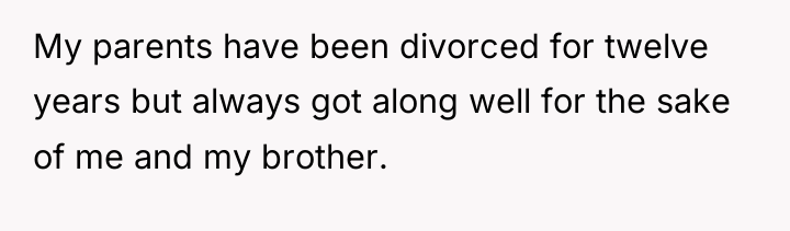 My parents have been divorced for twelve years but always...