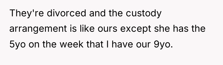 They're divorced and the custody arrangement is like ours except...