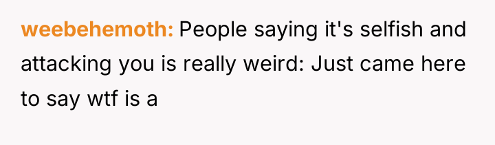 weebehemoth People saying it's selfish and attacking you is really...