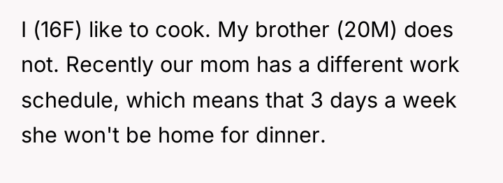 I (16F) like to cook. My brother (20M) does not....
