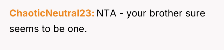 ChaoticNeutral23 NTA - your brother sure seems to be one.