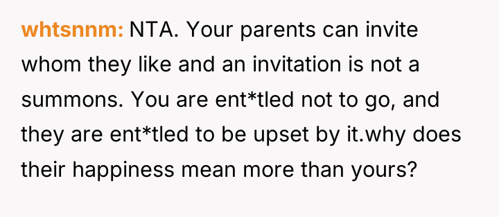 whtsnnm NTA. Your parents can invite whom they like and...