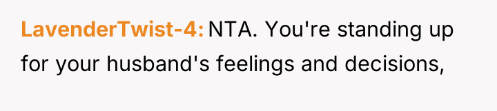 LavenderTwist-4 NTA. You're standing up for your husband's feelings and...