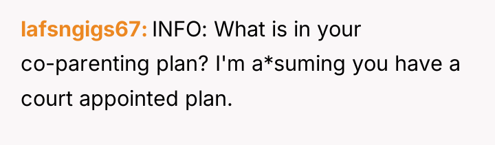 lafsngigs67 INFO: What is in your co-parenting plan? I'm a*suming...