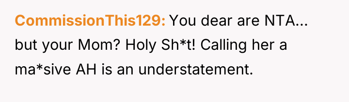 CommissionThis129 You dear are NTA... but your Mom? Holy Sh*t!...