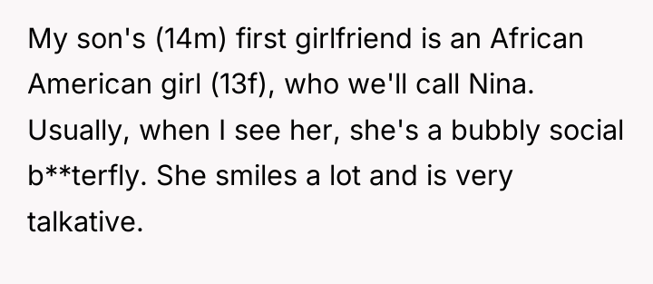 My son's (14m) first girlfriend is an African American girl...