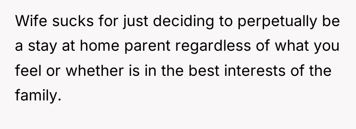 Wife sucks for just deciding to perpetually be a stay...