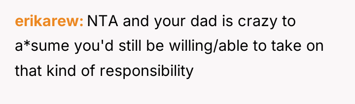 erikarew NTA and your dad is crazy to a*sume you'd...