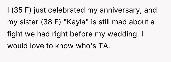 I (35 F) just celebrated my anniversary, and my sister...