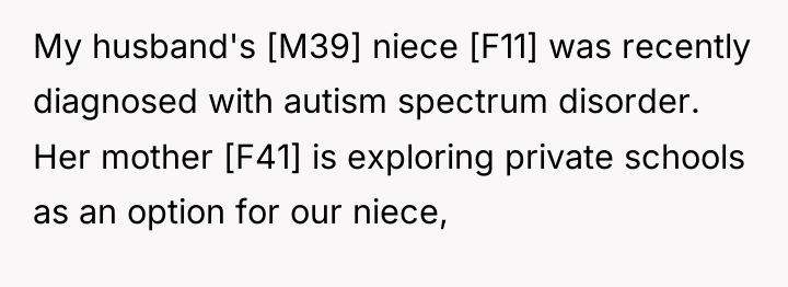 My husband's [M39] niece [F11] was recently diagnosed with autism...