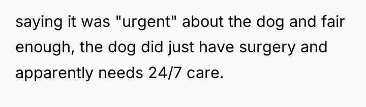 saying it was "urgent" about the dog and fair enough,...