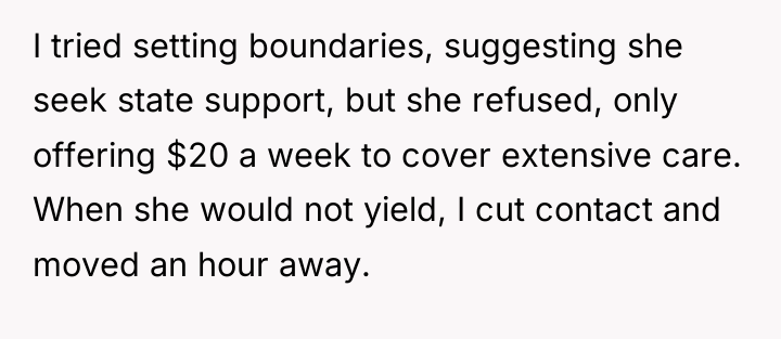 I tried setting boundaries, suggesting she seek state support, but...