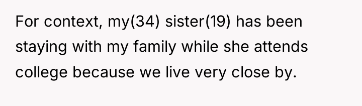 For context, my(34) sister(19) has been staying with my family...