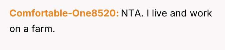 Comfortable-One8520 NTA. I live and work on a farm.