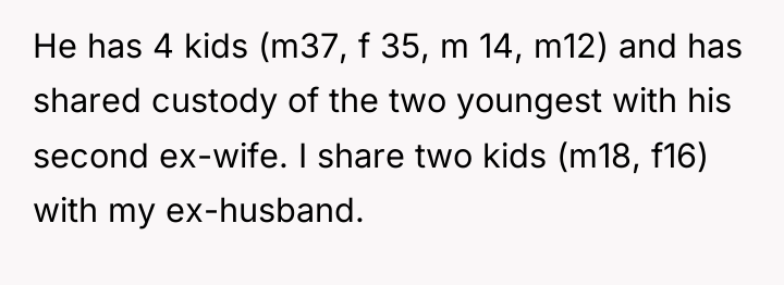 He has 4 kids (m37, f 35, m 14, m12)...