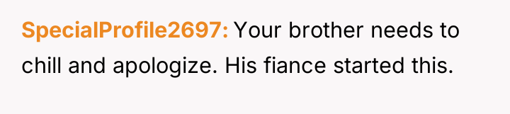 SpecialProfile2697 Your brother needs to chill and apologize. His fiance...